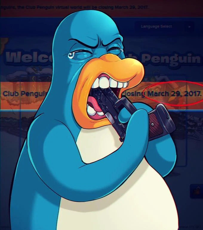 Fan art of an angry Club Penguin biting a gun over the game's shutdown notice