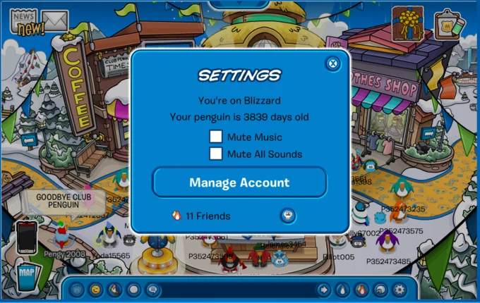 Club Penguin settings menu showing a 3839-day-old penguin on the Blizzard server