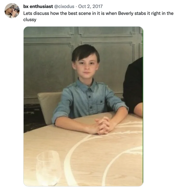 Clussy — Tweet joking about a scene in 'It' with an image of actor Jaeden Lieberher