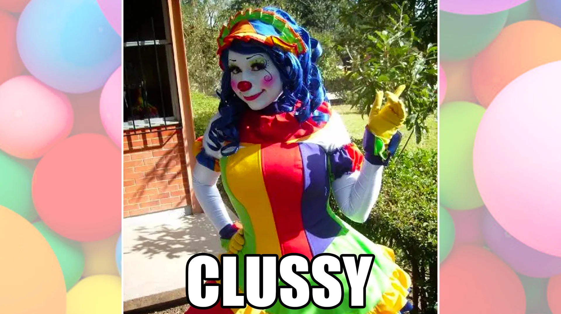 Female clown in colorful costume with 'CLUSSY' text overlay