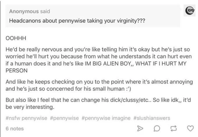 Tumblr post with an anonymous ask about Pennywise, introducing the word 'clussy'