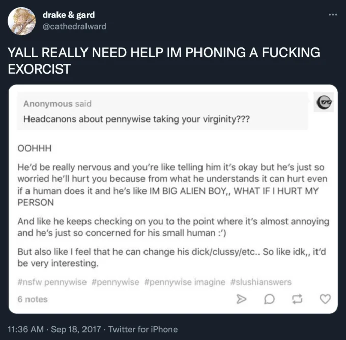 Tweet reacting to the original clussy Tumblr post with 'phoning an exorcist' caption