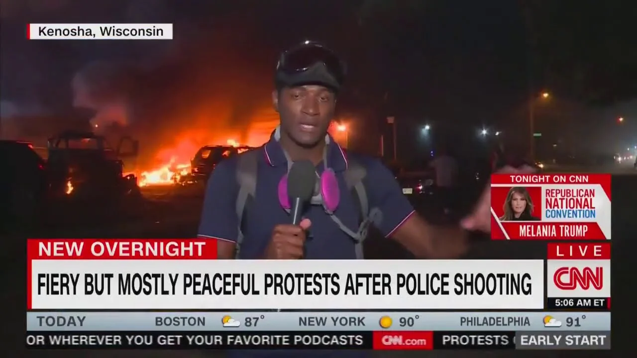 Cnn Fiery But Mostly Peaceful Protests Parodies — CNN reporter in front of burning cars with 'Fiery But Mostly Peaceful Protests' chyron in Kenosha, Wisconsin
