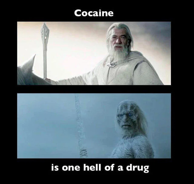 Cocaine Is A Hell Of A Drug — Two-panel Gandalf and White Walker meme 'Cocaine is one hell of a drug'