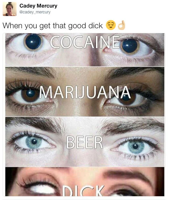 Cadey Mercury tweet with cocaine marijuana beer dick eye meme
