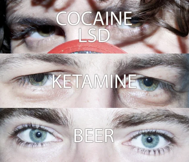 Cocaine Marijuana Beer — Three eye panels labeled cocaine LSD, ketamine, and beer