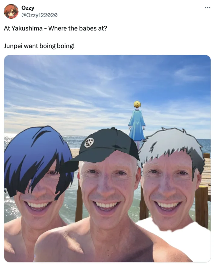 Cocky Want Boing Boing — Twitter screenshot with multiple anime-styled character heads composited on template.