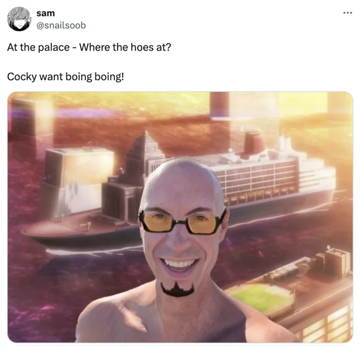 Cocky Want Boing Boing — Twitter screenshot of surreal glitch-style rendering with modified background.