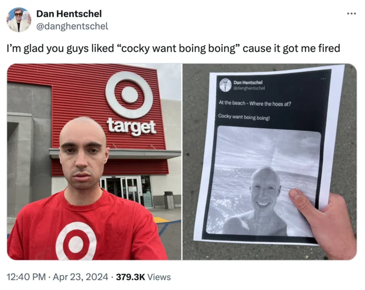 Cocky Want Boing Boing — Twitter screenshot of Dan in Target uniform with meme on phone screen.