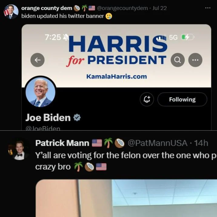 Coconut Tree / Kamala Harris — Twitter screenshot showing Harris campaign and coconut meme references