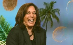 Coconut Tree / Kamala Harris — Professional photo of Kamala Harris smiling in a black blazer with digitally-added coconuts and palm tree graphics in the