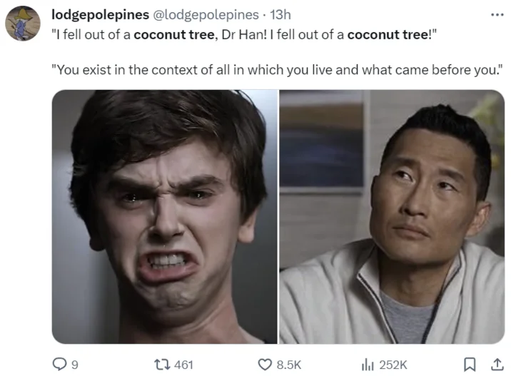 Twitter quote of 'fell out of coconut tree' with reaction meme images