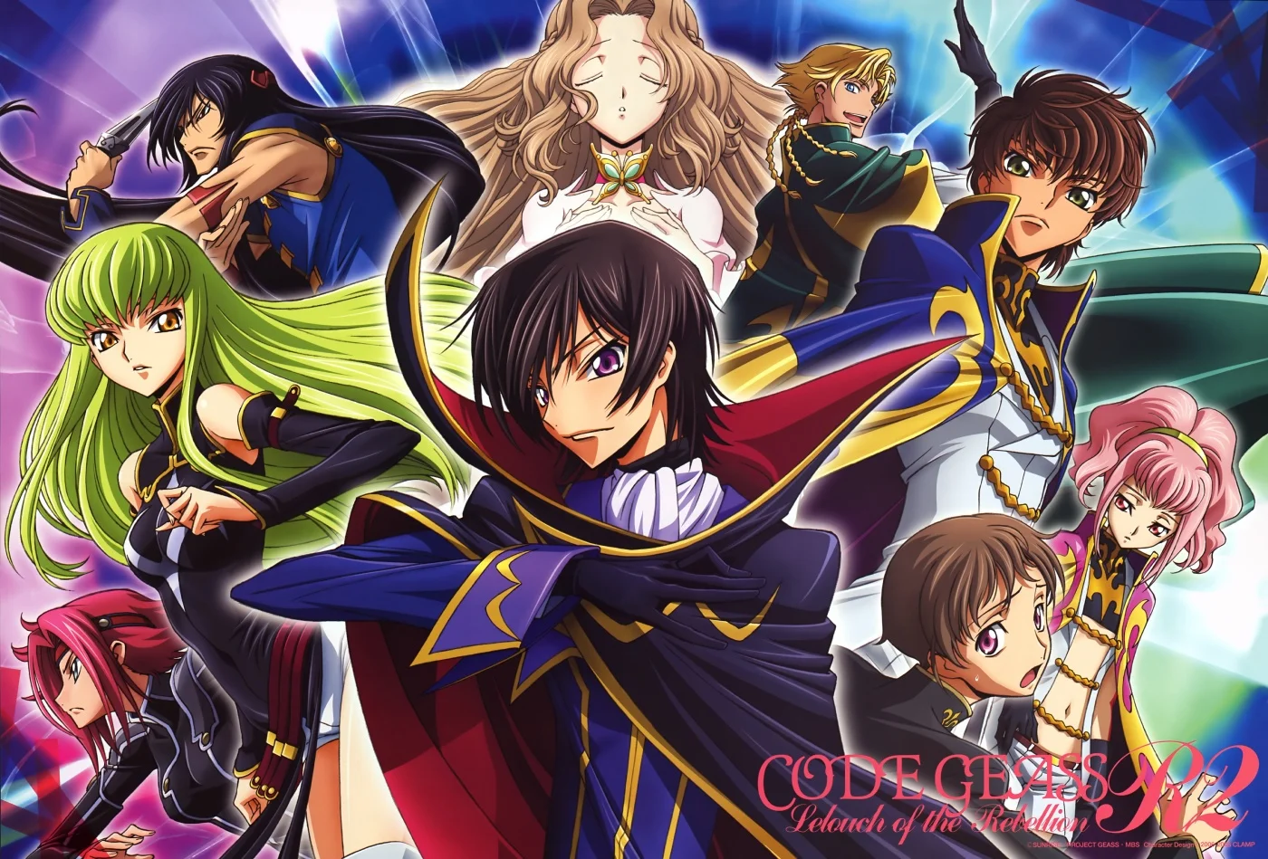 Code Geass R2 promotional artwork showing Lelouch and the main cast of the anime.
