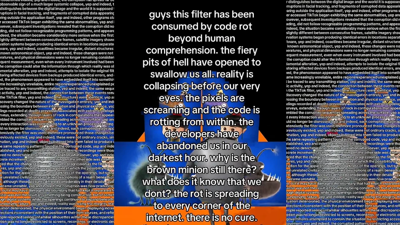 Code Rot Filter — Screenshot of a TikTok filter captioned with a lengthy AI-generated monologue about code rot, overlaid on distorted minion imagery and
