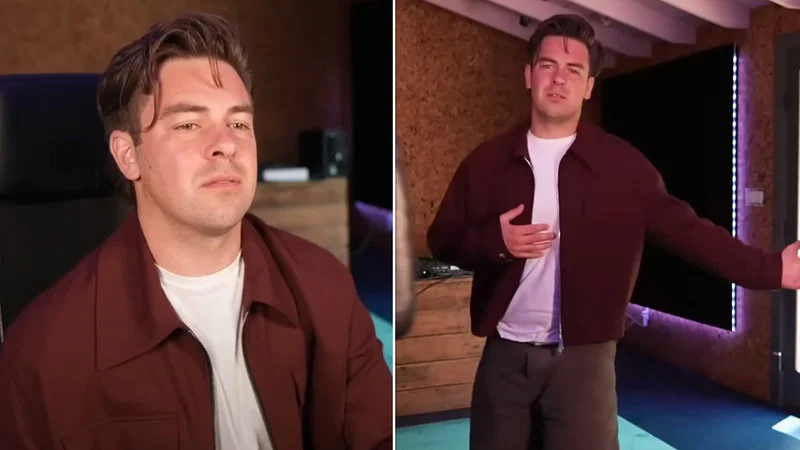 Cody Ko Lets Go — Two-panel image of Cody Ko in dark red cardigan showing serious and dancing expressions.
