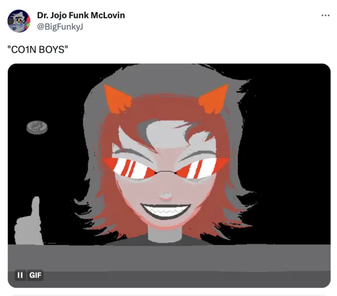 Coin Boys Story — Tweet 'CO1N BOYS' with cartoon character wearing striped sunglasses and a coin GIF