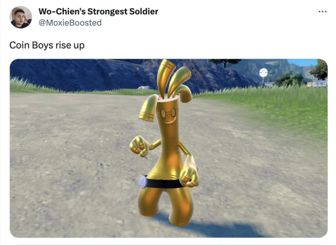 Coin Boys Story — Tweet 'Coin Boys rise up' with an image of the Pokémon Gholdengo