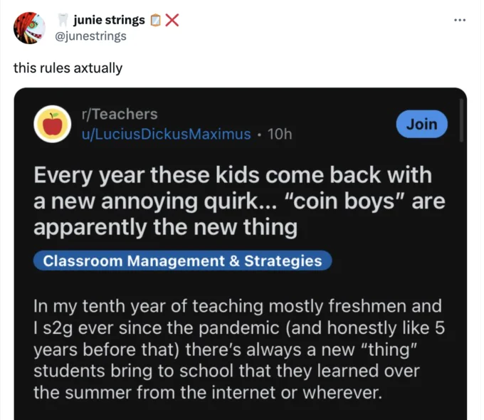 Coin Boys Story — Tweet by junestrings reacting 'this rules axtually' to the coin boys post