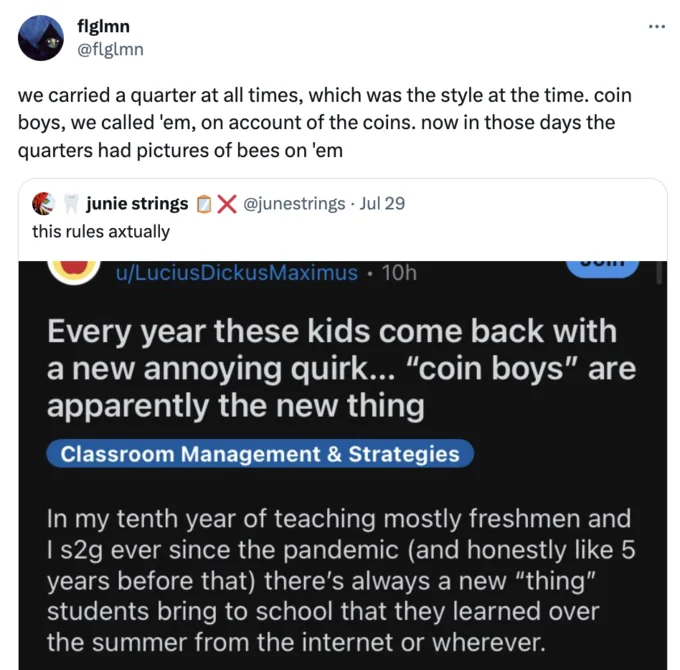 Coin Boys Story — Tweet in the style of an old-timey Simpsons rant quoting the coin boys post