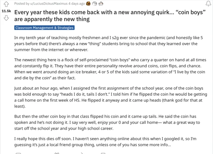 Coin Boys Story — Reddit post from r/Teachers about students calling themselves 'coin boys'