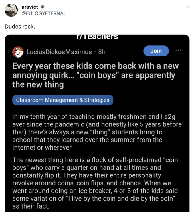 Coin Boys Story — Tweet reading 'Dudes rock' sharing the coin boys Reddit post