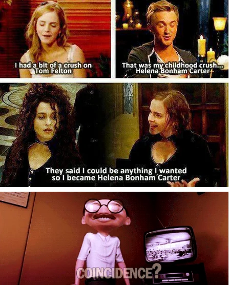 Coincidence I Think Not — Four-panel meme with Emma Watson and Tom Felton interviews and a Bernie Kropp 'Coincidence?' reaction.