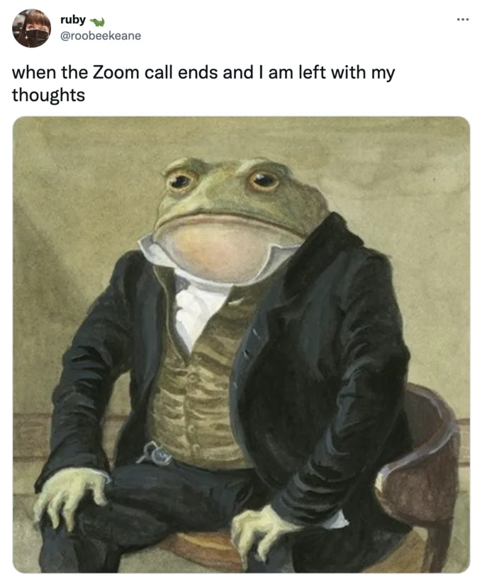 Colonel Toad — Twitter screenshot by Chappell Ellison with 'civilized frog time' caption and two frog paintings