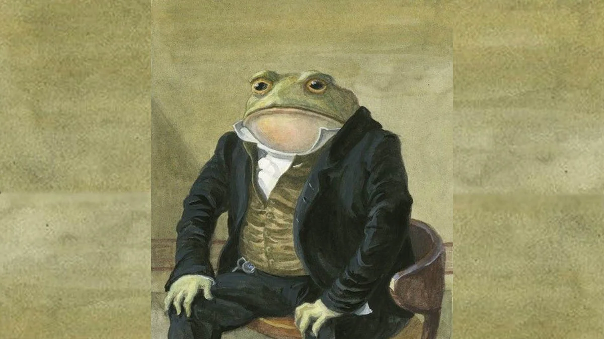 Colonel Toad — Watercolor painting of a toad dressed as a 19th-century gentleman sitting on a wooden chair