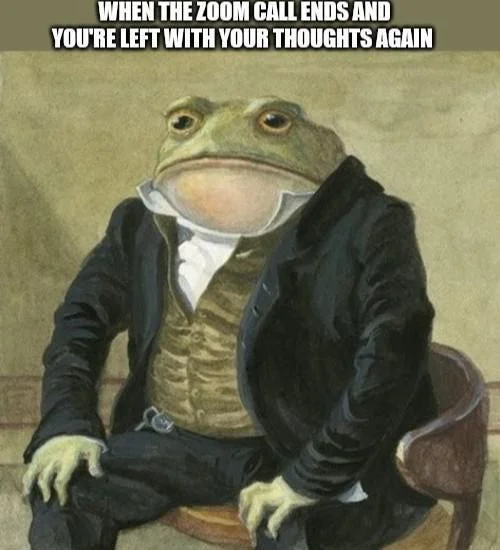 Tweet using Colonel Toad image with caption about being left with your thoughts after a Zoom call
