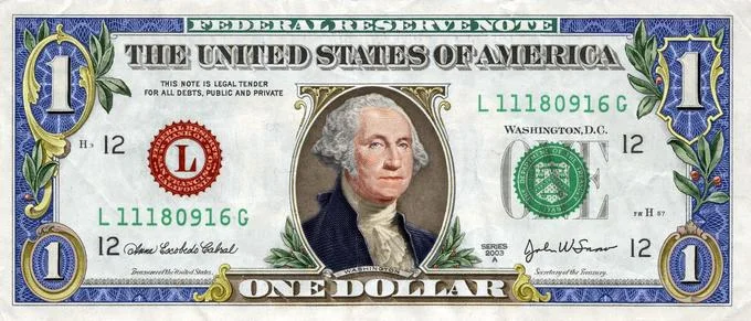 Colorized History — Colorized US one-dollar bill with George Washington portrait in vivid blues, greens, reds.