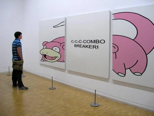 Gallery installation with Slowpoke paintings and C-C-C-COMBO BREAKER text on panels.