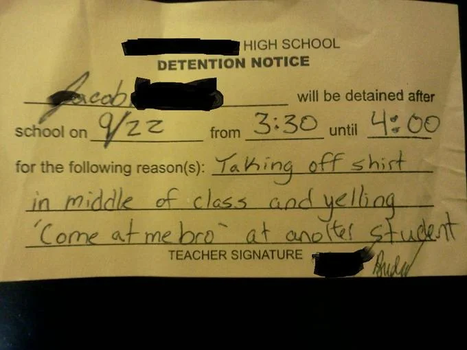 High school detention notice issued for yelling 'come at me bro' in class