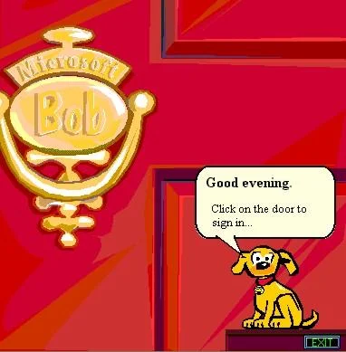 Microsoft Bob screenshot showing gold logo and yellow dog speaking in Comic Sans.