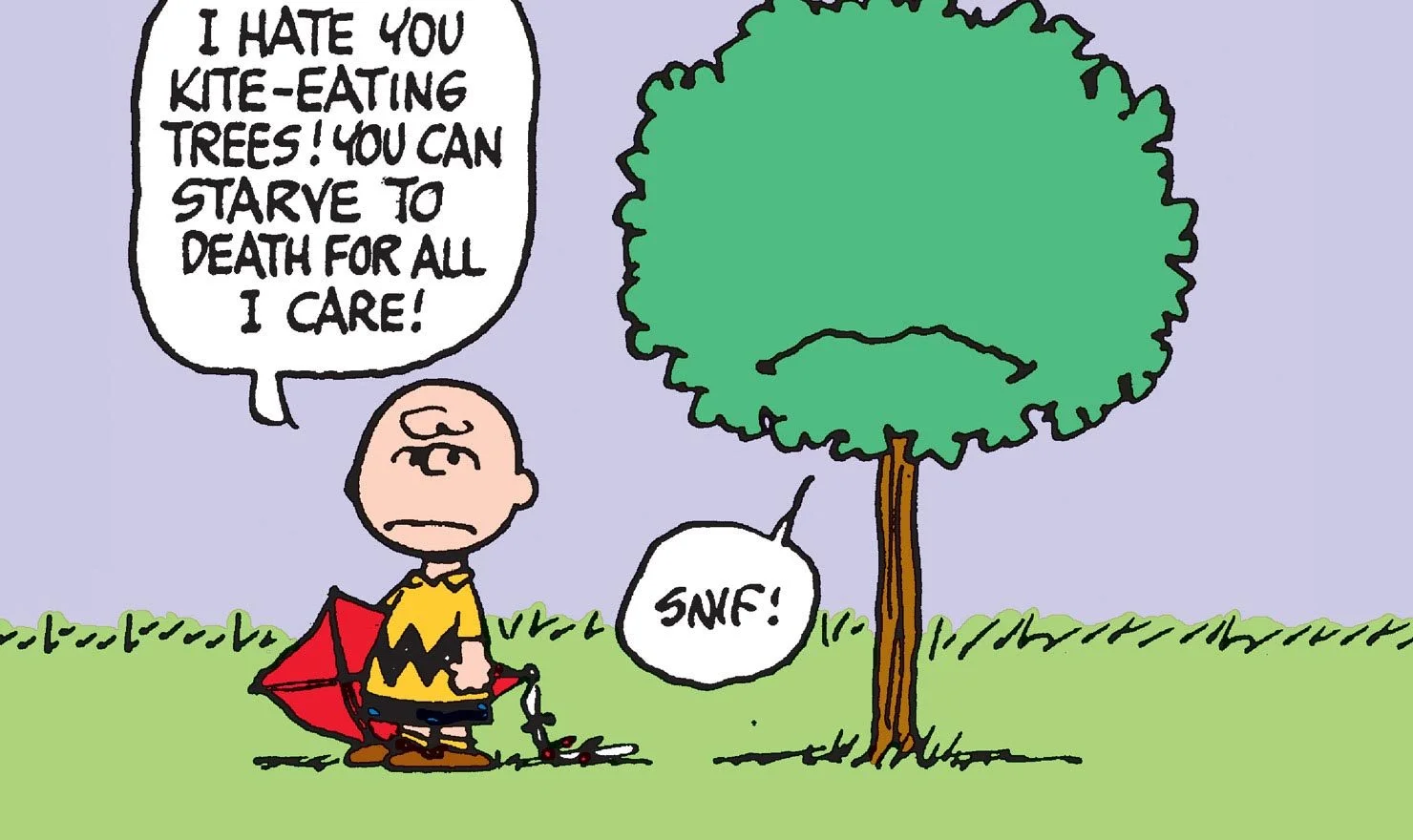 Comic Strips — Charlie Brown scolds a kite-eating tree in a Peanuts comic strip panel