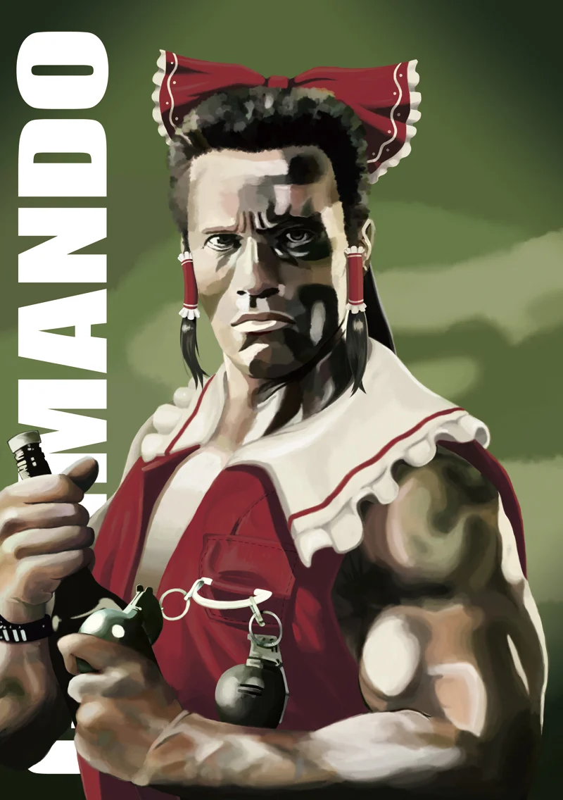 Fan art of Schwarzenegger in a red ribbon and dress parodying the Commando poster