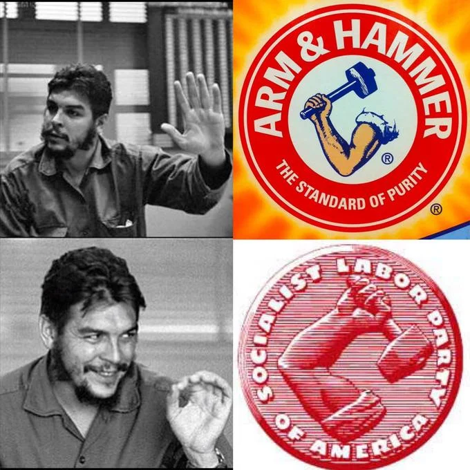 Communism — Che Guevara photos compared to Arm and Hammer and Socialist Labor Party logos