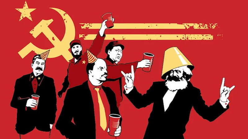Communism — Cartoon of Stalin, Castro, Lenin, Mao and Marx wearing party hats and holding red cups in front of a Soviet flag