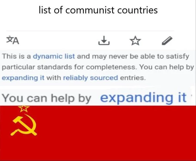 Communism — Wikipedia 'list of communist countries' screenshot with 'you can help by expanding it' text over a Soviet flag