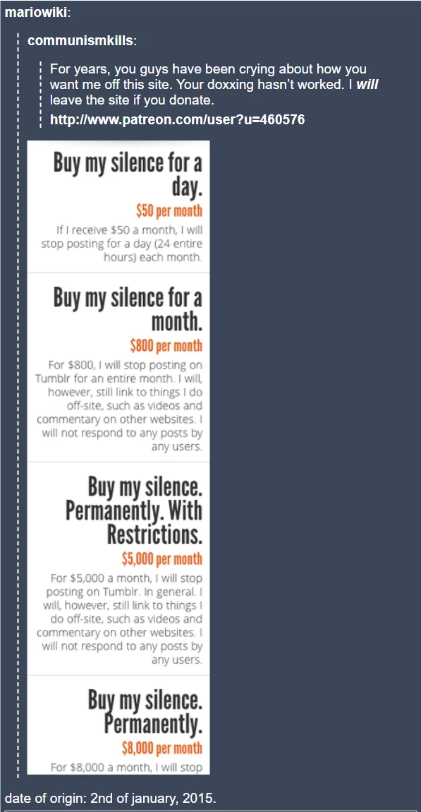 Communismkills Patreon page with tiers to 'buy my silence' for various monthly amounts.