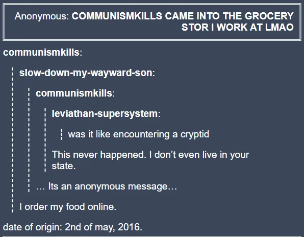 Tumblr post where Communismkills denies being seen at a grocery store, saying she orders food online.