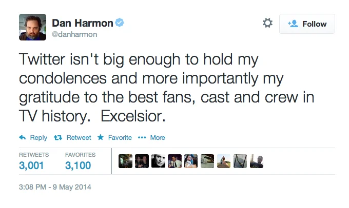 Dan Harmon tweet thanking Community cast, crew and fans