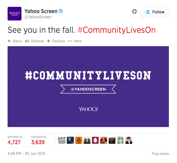 Yahoo Screen tweet announcing Community sixth season with hashtag CommunityLivesOn