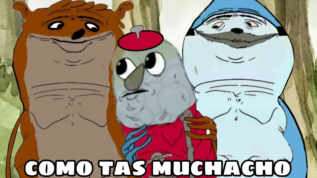 Como Tan Muchacho? — Distorted Regular Show characters with 'COMO TAS MUCHACHO' caption at the bottom.