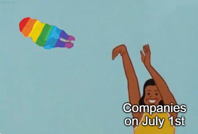 Companies When Pride Month Ends — Child tossing pride flag on July 1st at instantaneous withdrawal.