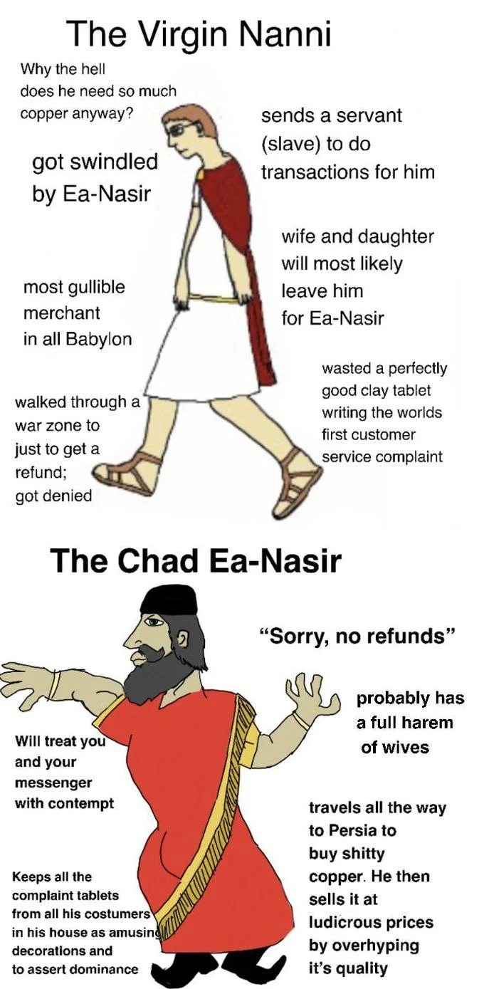 Complaint Tablet to Ea-nasir — Virgin vs Chad meme comparing Nanni the swindled copper buyer with Ea-Nasir the dishonest merchant.