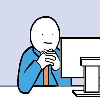 Computer Reaction Faces — Blank-faced character in blue shirt staring at computer monitor