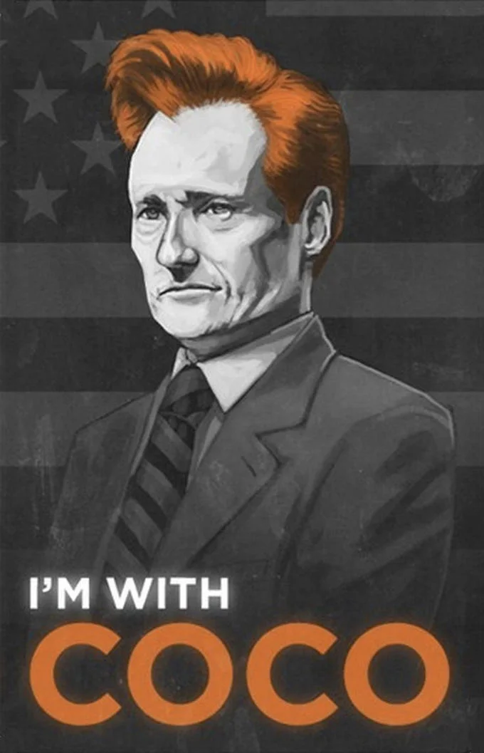 Conan Obrien — I'm With Coco poster illustration of Conan O'Brien with orange hair over an American flag