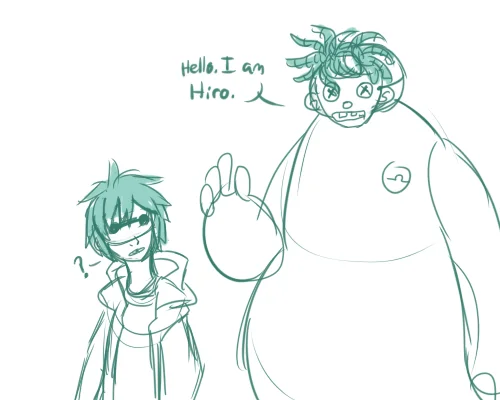 *Concern* — Sketch of Baymax in a Hiro mask saying hello, with a confused onlooker.