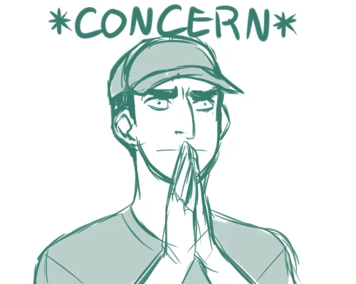 *Concern* — Green sketch of a man in a cap with hands clasped and worried expression, captioned CONCERN.