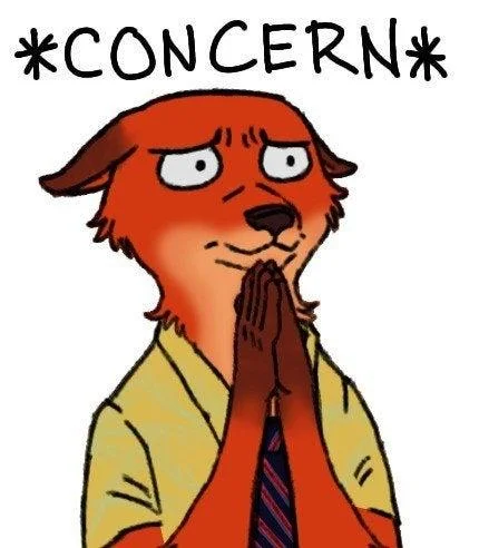 *Concern* — Cartoon orange fox in shirt and tie with hands clasped, captioned CONCERN.